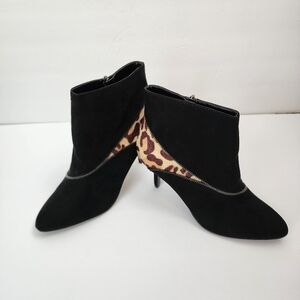 Kelly And Katie Faux Suede Leopard Print Pony Hair 4" Heel Ankle Boot Size 9 1/2